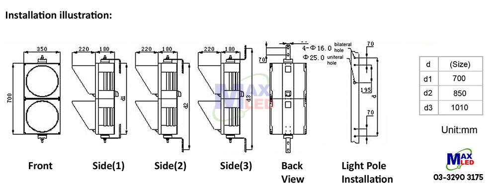 LED Traffic Signal Lights Dimension - RX300 | LED Traffic Signal Lights Malaysia | Max LED Display Technologies (M) Sdn Bhd